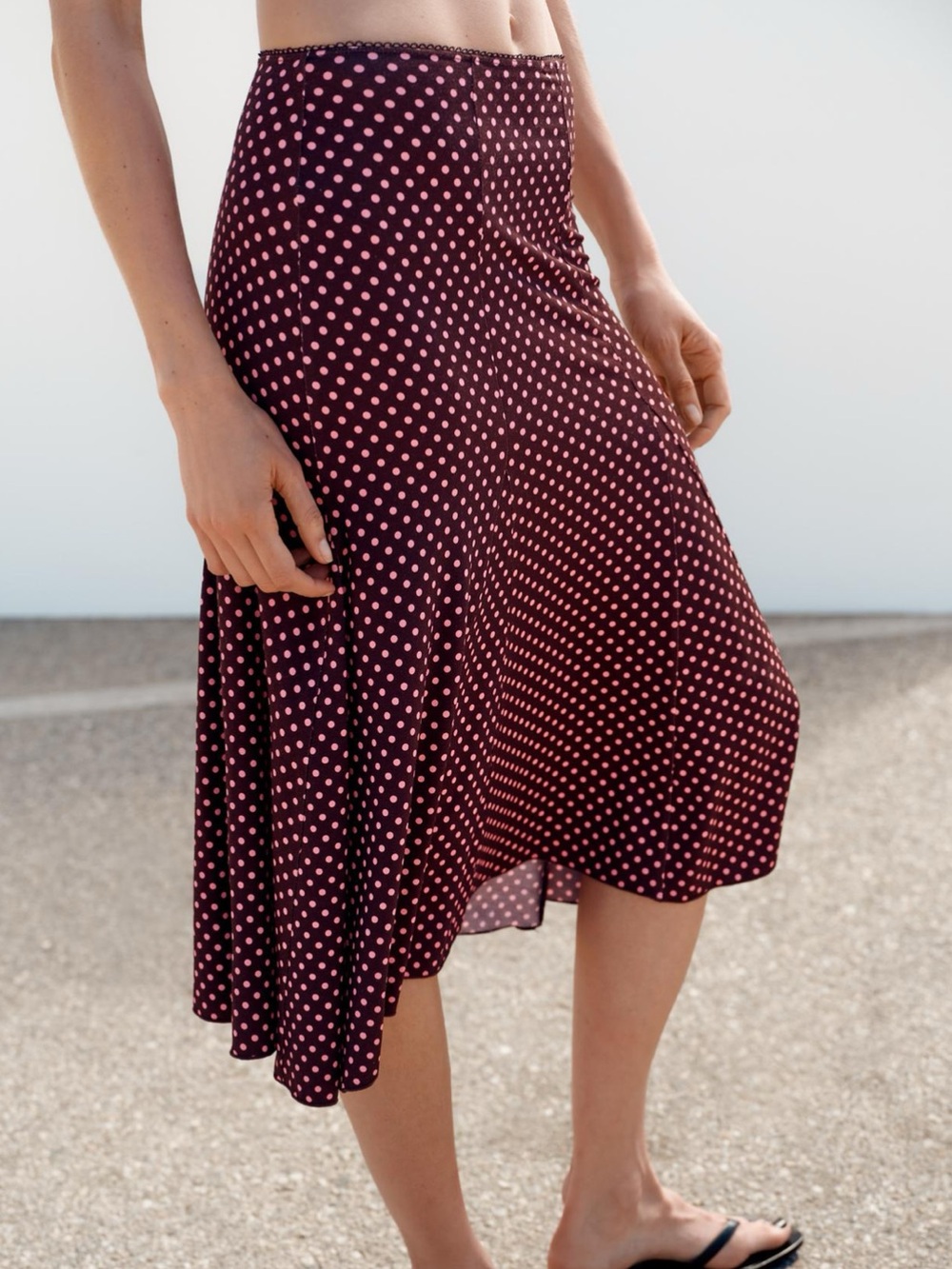 ZARA Burgundy Midi Skirt with Pink Polka Dots